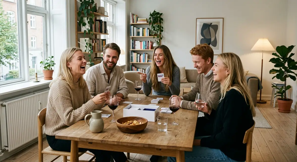 En gruppe glade venner samlet om sjov underholdning og selskabslege i en lys, skandinavisk stue.